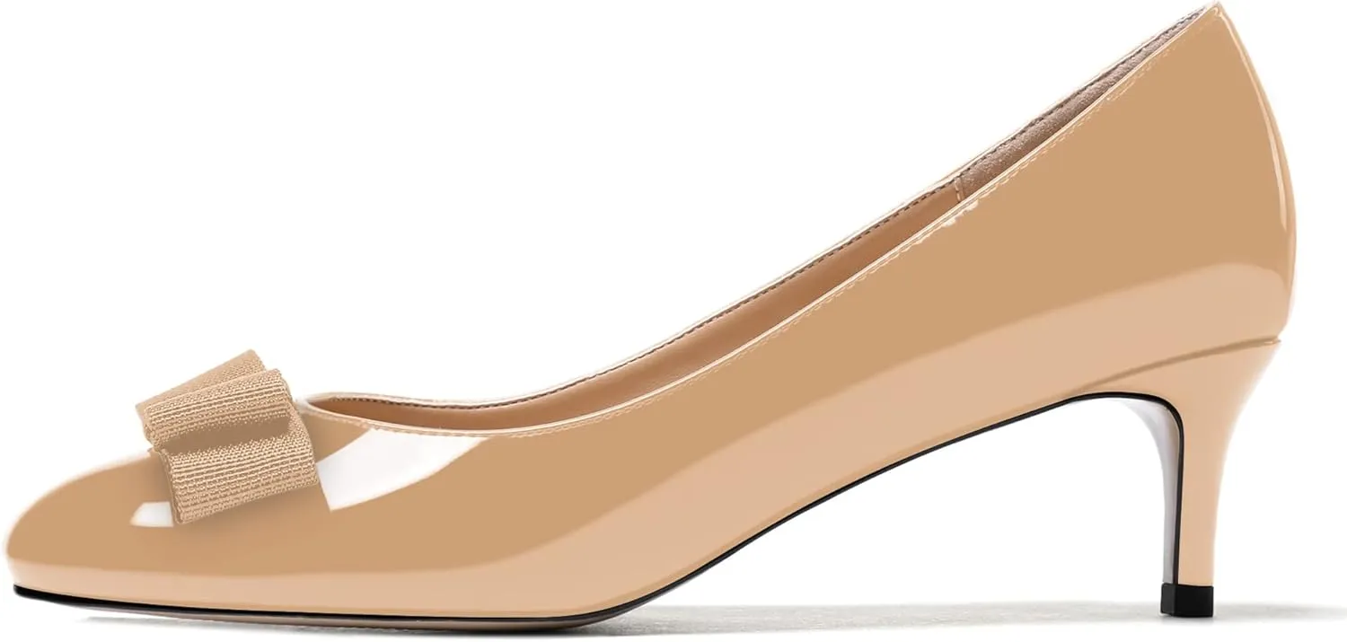 WAYDERNS Women's Bow Solid Patent Slip On Cute Round Toe Dating Kitten Mid Heel Pumps Shoes 2.5 Inch