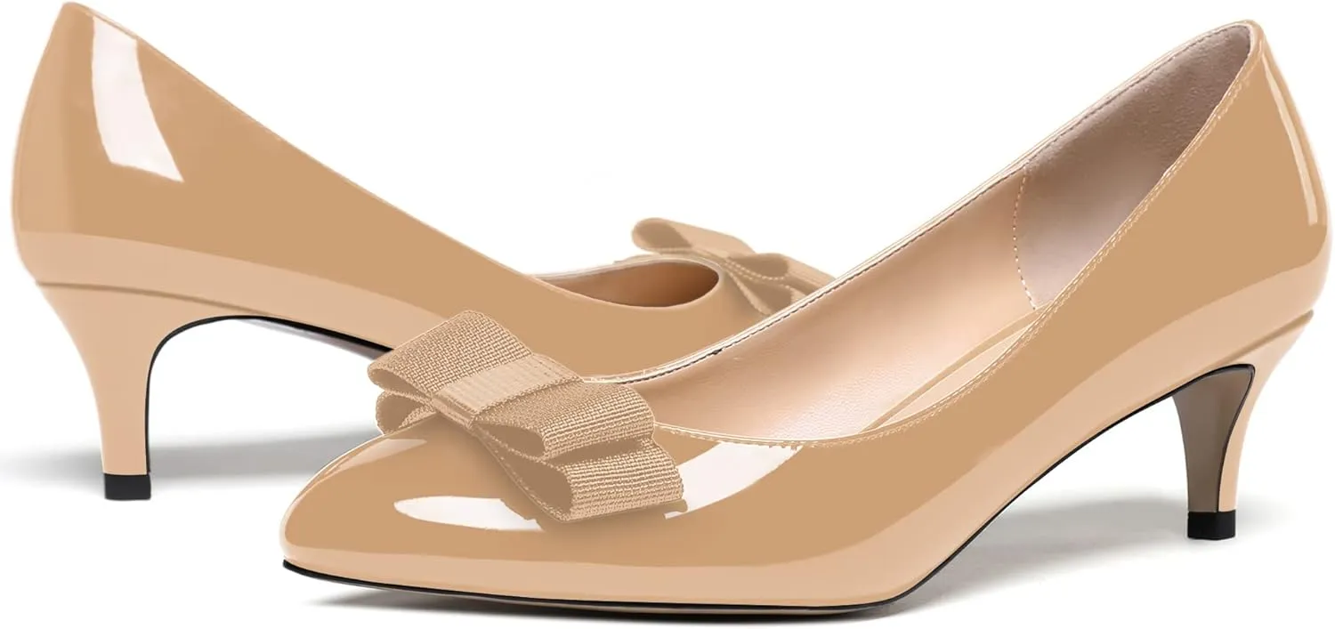 WAYDERNS Women's Bow Solid Patent Slip On Cute Round Toe Dating Kitten Mid Heel Pumps Shoes 2.5 Inch