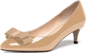 WAYDERNS Women's Bow Solid Patent Slip On Cute Round Toe Dating Kitten Mid Heel Pumps Shoes 2.5 Inch
