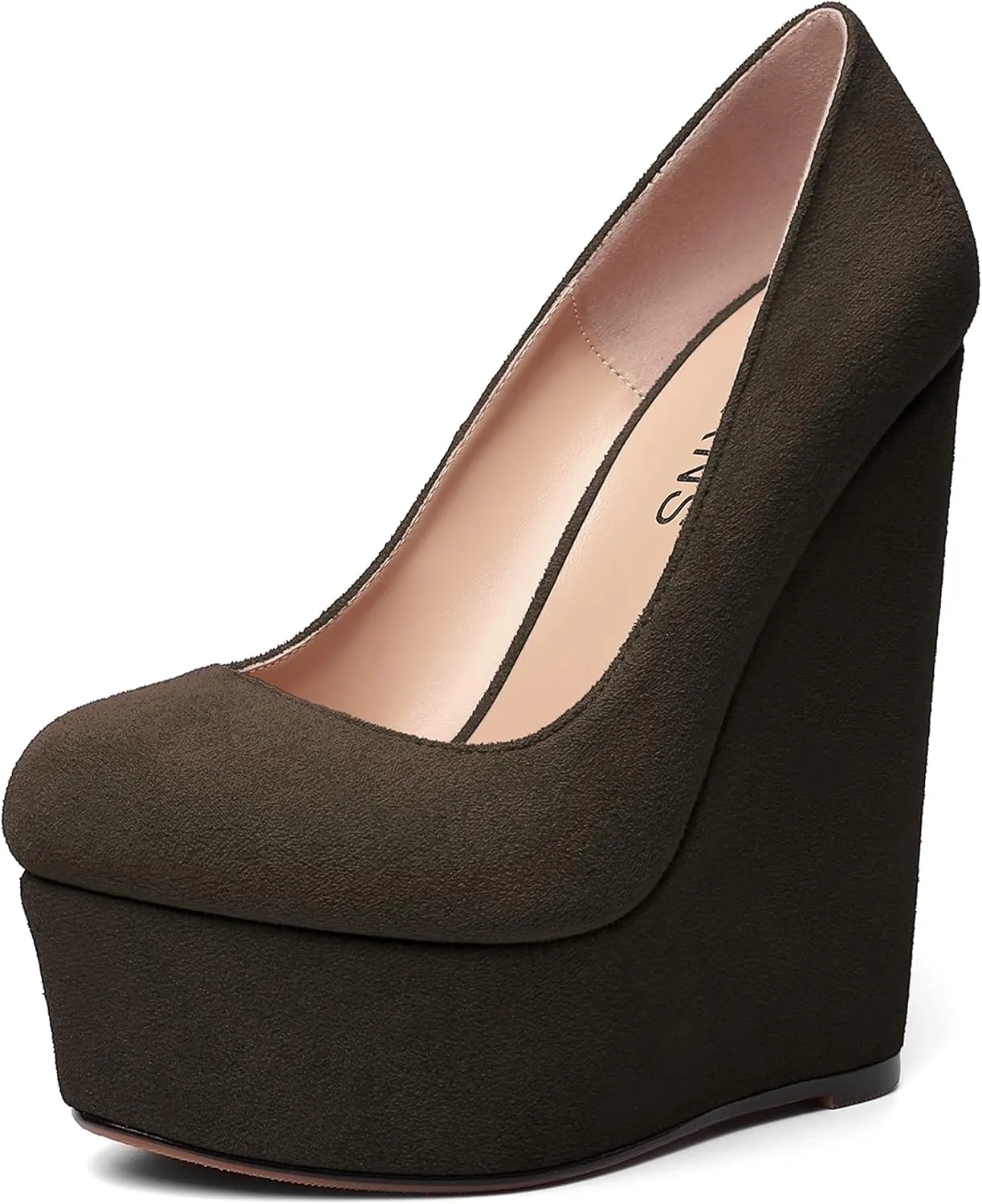 WAYDERNS Womens Platform Solid Suede Round Toe Party Slip On Fashion Wedge High Heel Pumps Shoes 6 Inch