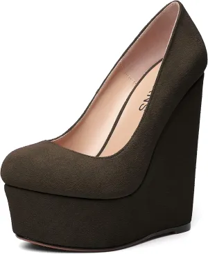 WAYDERNS Womens Platform Solid Suede Round Toe Party Slip On Fashion Wedge High Heel Pumps Shoes 6 Inch