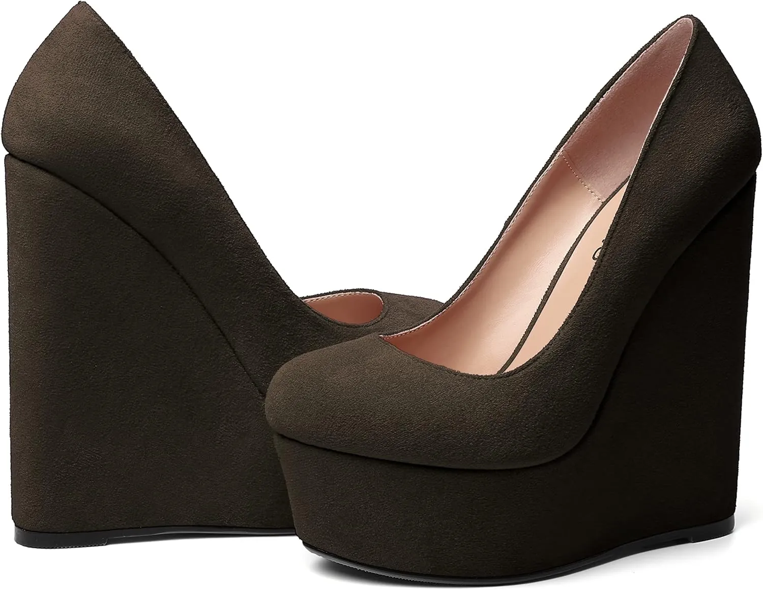 WAYDERNS Womens Platform Solid Suede Round Toe Party Slip On Fashion Wedge High Heel Pumps Shoes 6 Inch