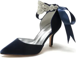 Wedding Bridal Pointed Toe Womens High Heel Shoes Ankle Buckle Pumps Rhinestones Heeled Bowknot Court Sandals Evening Party Dress,Dark Blue,8