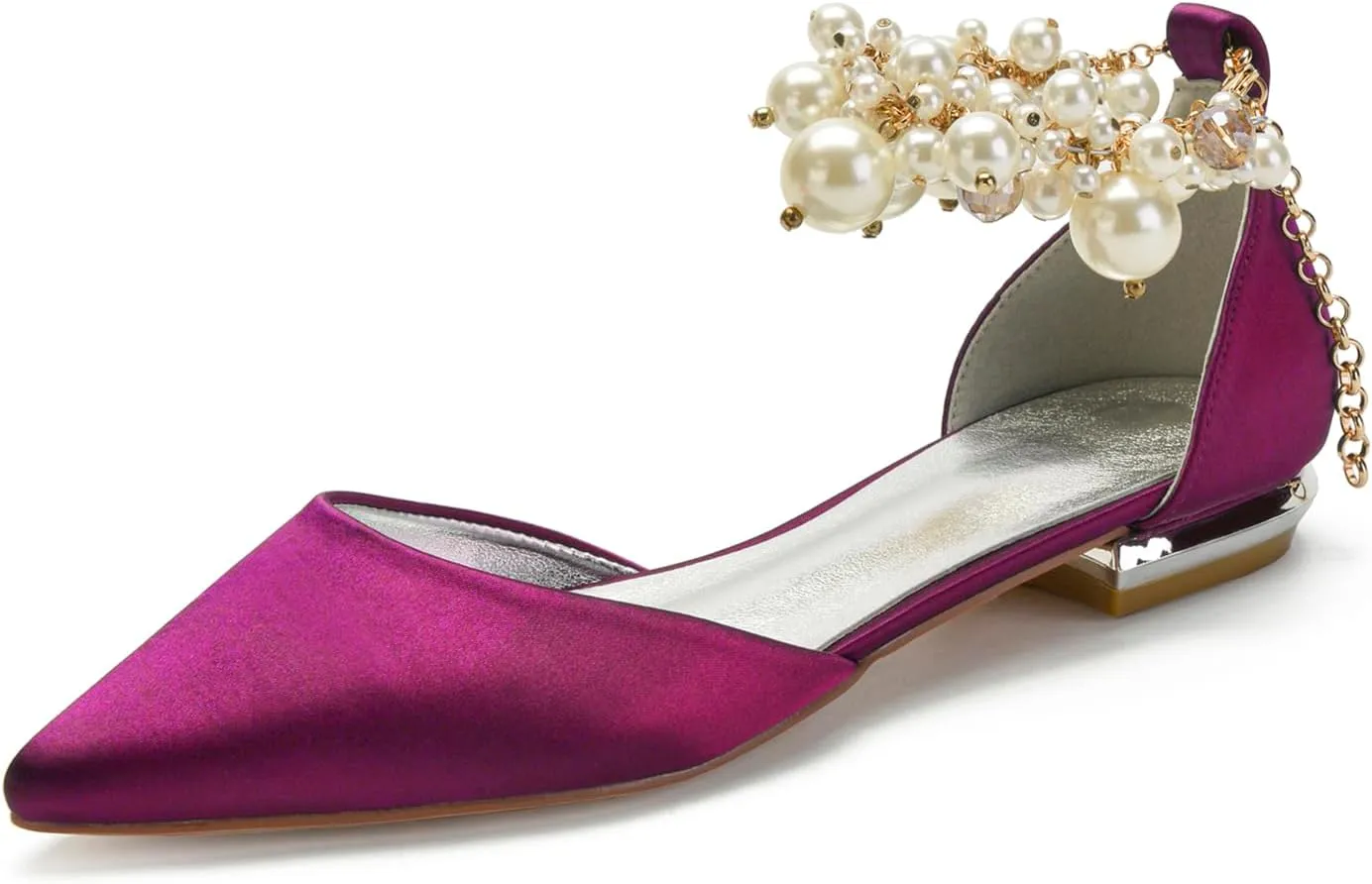 Wedding Bridal Shoes Beaded Ankle Strap Low Heels Women's Pumps Pointed Toe Closed Toe Sandal 2CM High Heels Satin Flats Elegant Formal,Purple,8