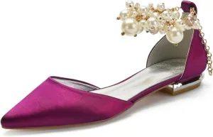 Wedding Bridal Shoes Beaded Ankle Strap Low Heels Women's Pumps Pointed Toe Closed Toe Sandal 2CM High Heels Satin Flats Elegant Formal,Purple,8