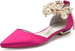 Wedding Bridal Shoes Beaded Ankle Strap Low Heels Women's Pumps Pointed Toe Closed Toe Sandal 2CM High Heels Satin Flats Elegant Formal,Rose red,10