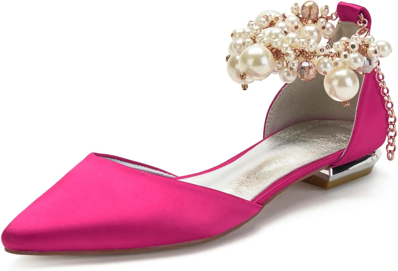 Wedding Bridal Shoes Beaded Ankle Strap Low Heels Women's Pumps Pointed Toe Closed Toe Sandal 2CM High Heels Satin Flats Elegant Formal,Rose red,10