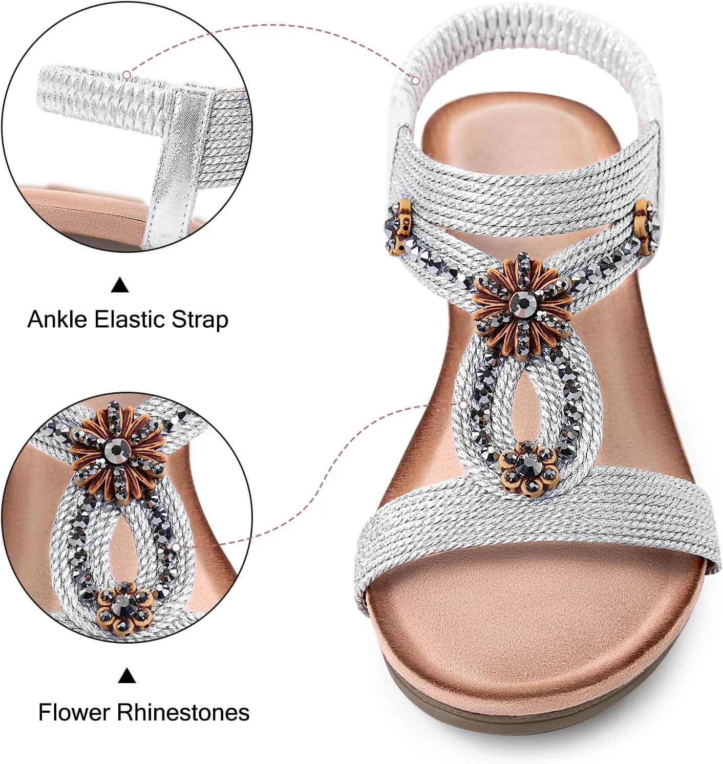Wedge Sandals for Women Dressy, Comfortable Low Wedges Heels Ankle Strap Elastic Sandal Flower Rhinestones