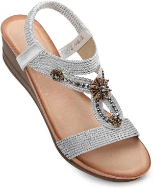 Wedge Sandals for Women Dressy, Comfortable Low Wedges Heels Ankle Strap Elastic Sandal Flower Rhinestones