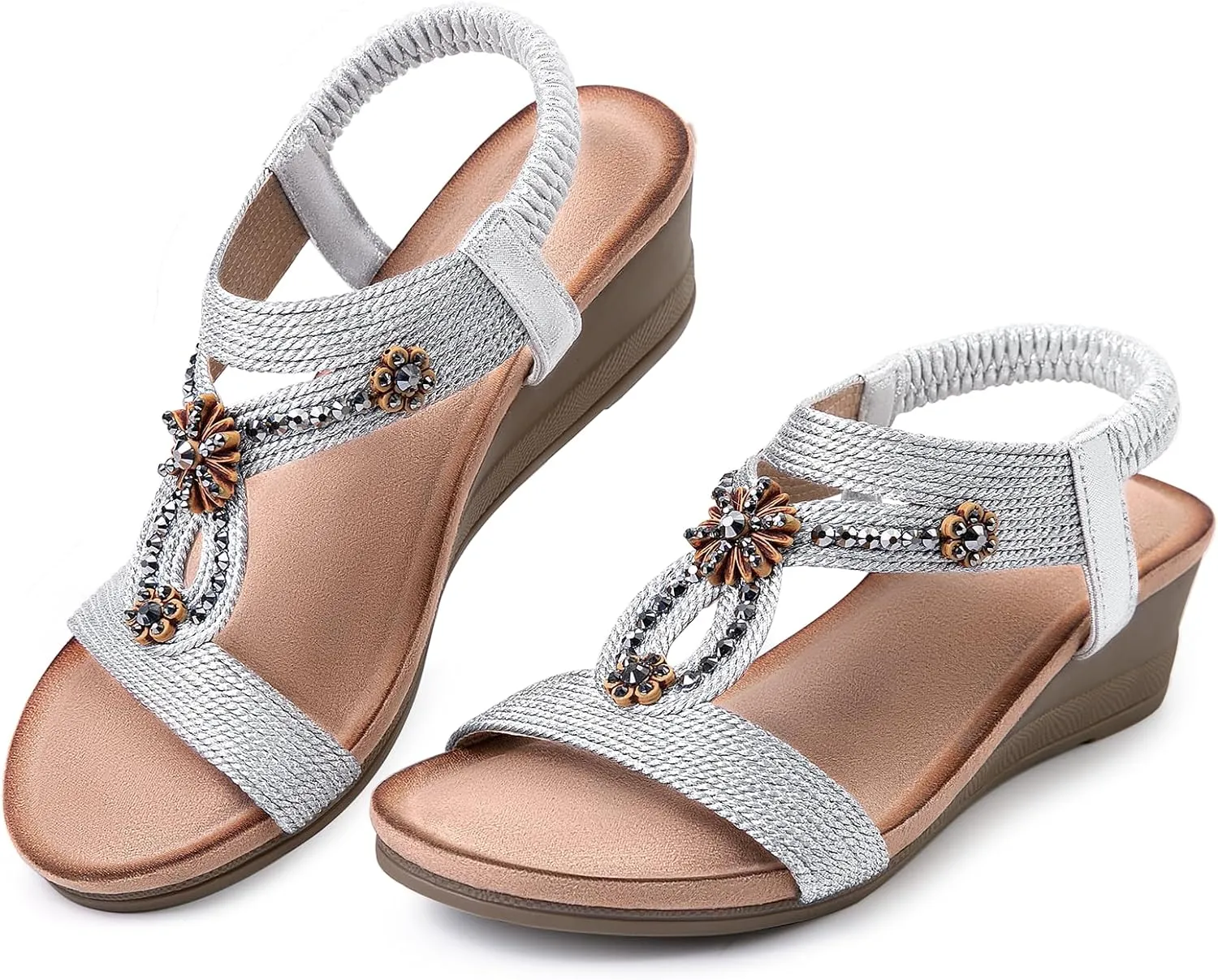 Wedge Sandals for Women Dressy, Comfortable Low Wedges Heels Ankle Strap Elastic Sandal Flower Rhinestones