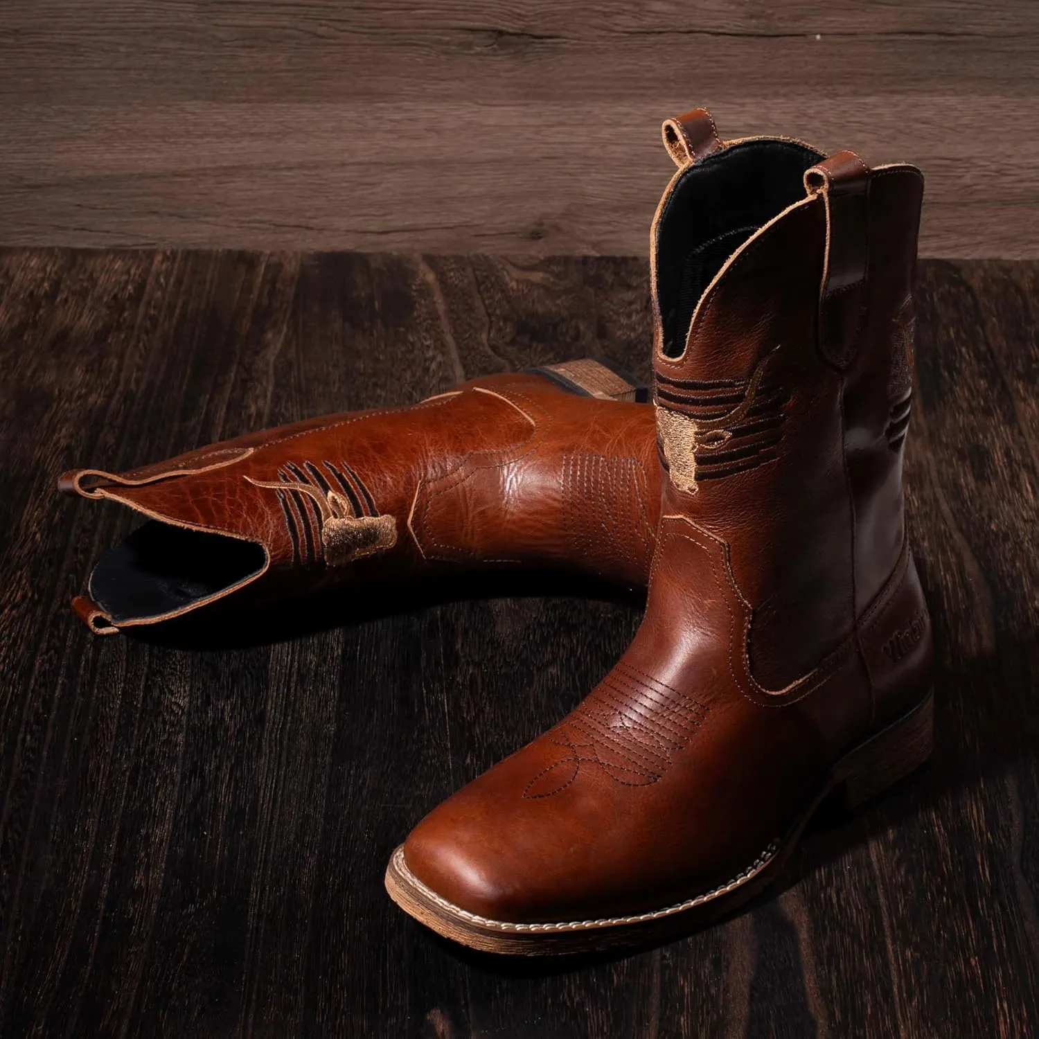 Western Cowboy Square Toe Boots - Men's Genuine Leather Patriot Country Boot with Classic Embroidered