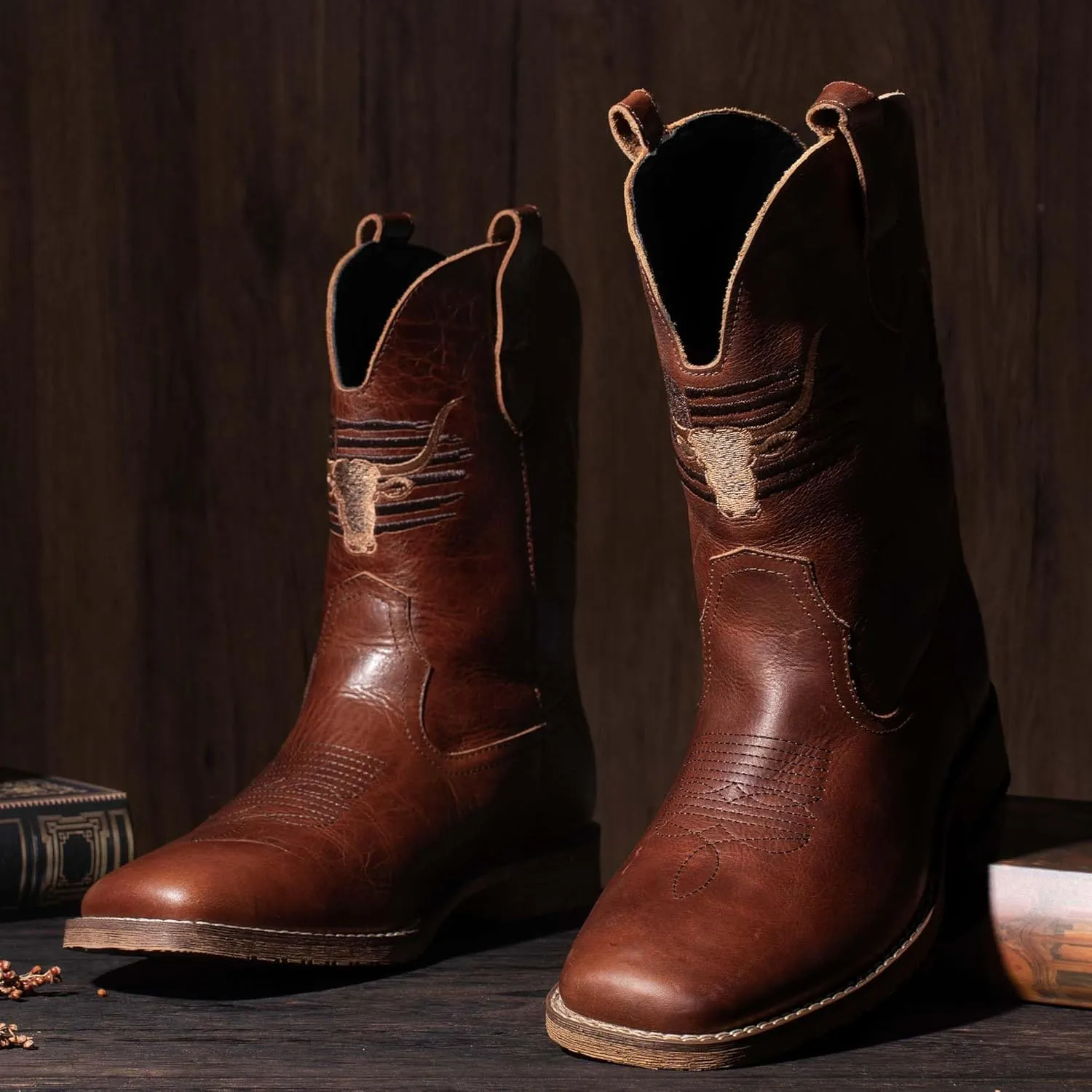 Western Cowboy Square Toe Boots - Men's Genuine Leather Patriot Country Boot with Classic Embroidered