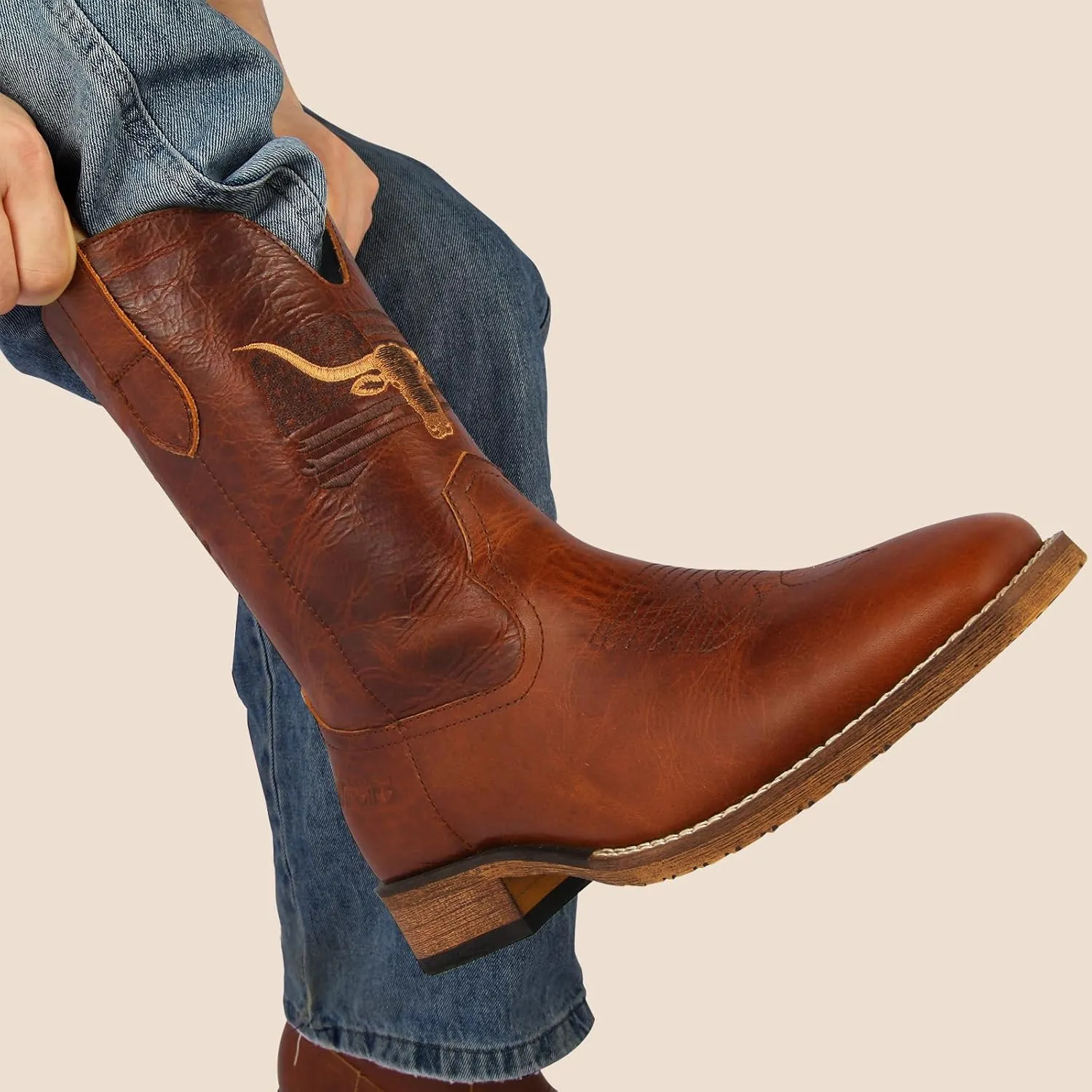 Western Cowboy Square Toe Boots - Men's Genuine Leather Patriot Country Boot with Classic Embroidered