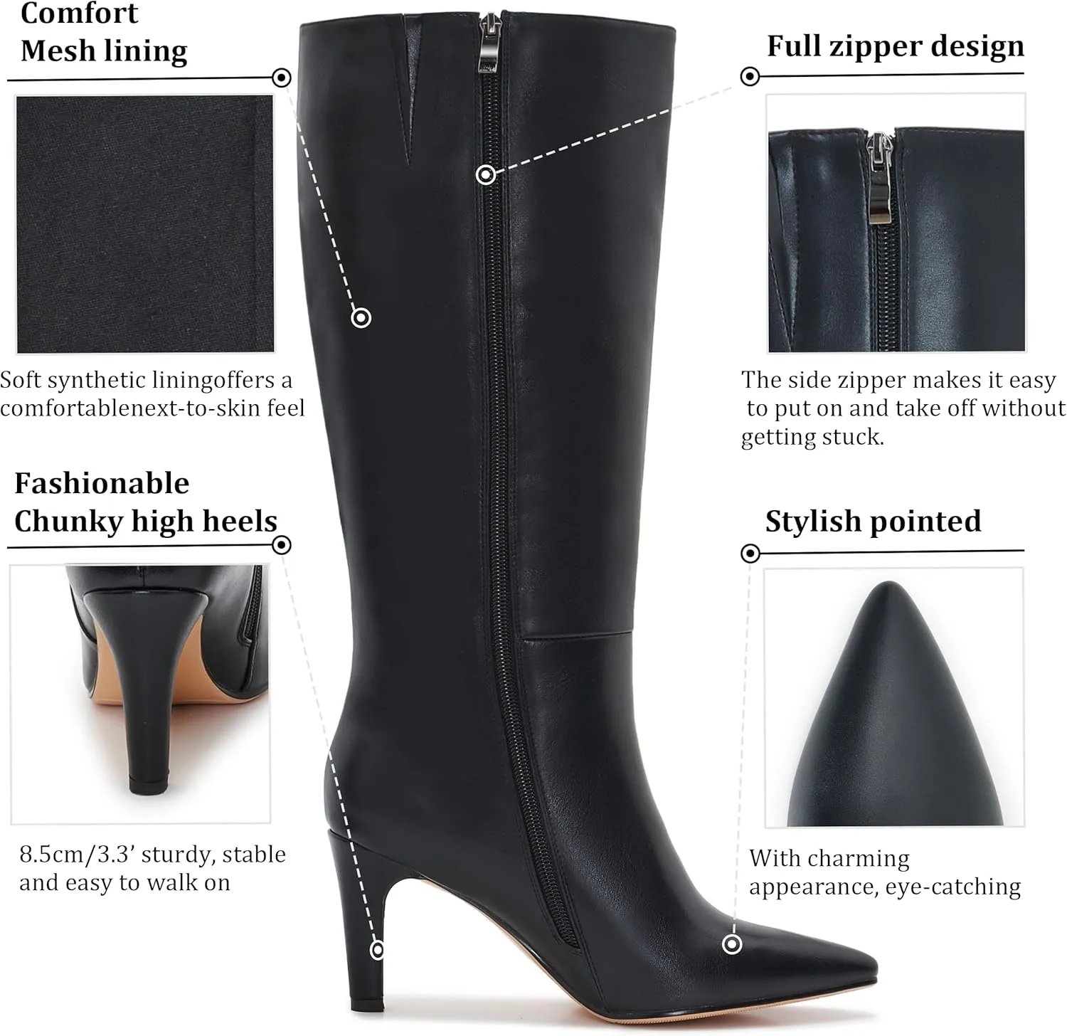 Wide Calf Kitten Heel Boots For Women Knee High pointed toe Tall Long boots Stiletto Heel Side Zipper