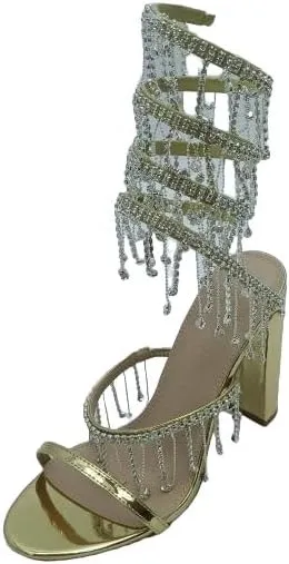 Wild Diva Women's Morris-605 Chandelier Embellished Rhinestone Spiral Coil Wrap Around Chunky Block Heels