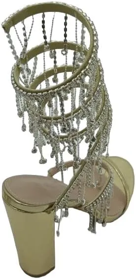 Wild Diva Women's Morris-605 Chandelier Embellished Rhinestone Spiral Coil Wrap Around Chunky Block Heels