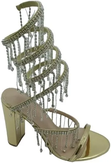 Wild Diva Women's Morris-605 Chandelier Embellished Rhinestone Spiral Coil Wrap Around Chunky Block Heels