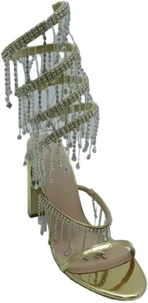 Wild Diva Women's Morris-605 Chandelier Embellished Rhinestone Spiral Coil Wrap Around Chunky Block Heels