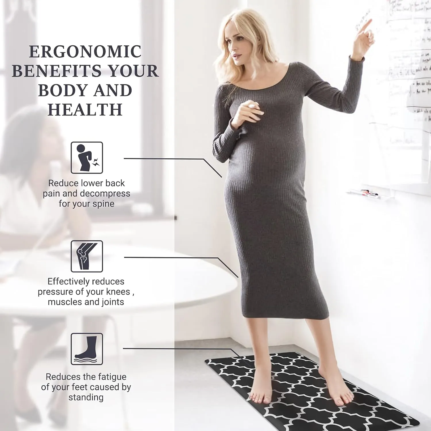 WISELIFE Anti-Fatigue Cushioned Kitchen Mat / Rug ,17.3"x 28",Non Slip Heavy Duty PVC Ergonomic Waterproof Comfort Rugs for Floor Home, Office, Sink, Laundry,Black