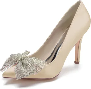 Women Bridal Slip on Wedding Shoes Open Toe Satin Pumps High Heel Rhinestone Bow Prom Shoes