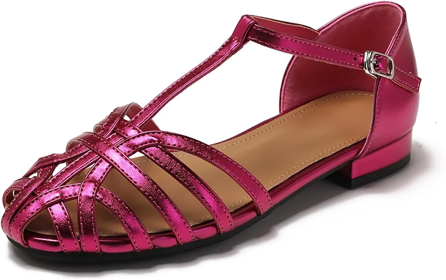 Women Closed Round Toe Low Chunky Braided Caged Sandals Fashion Strappy Comfortable Ankle Strap Flat Gladiator Dressy Roman Sandal For Casual Walking