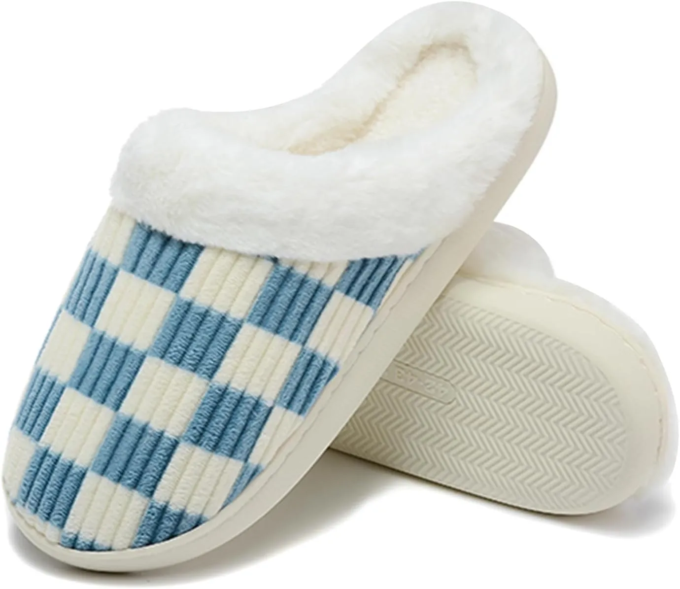 Women House Fuzzy Slippers - Plaid Scuff Checkered Slip-on Memory Foam Indoor Outdoor Comfortable Soft Slides