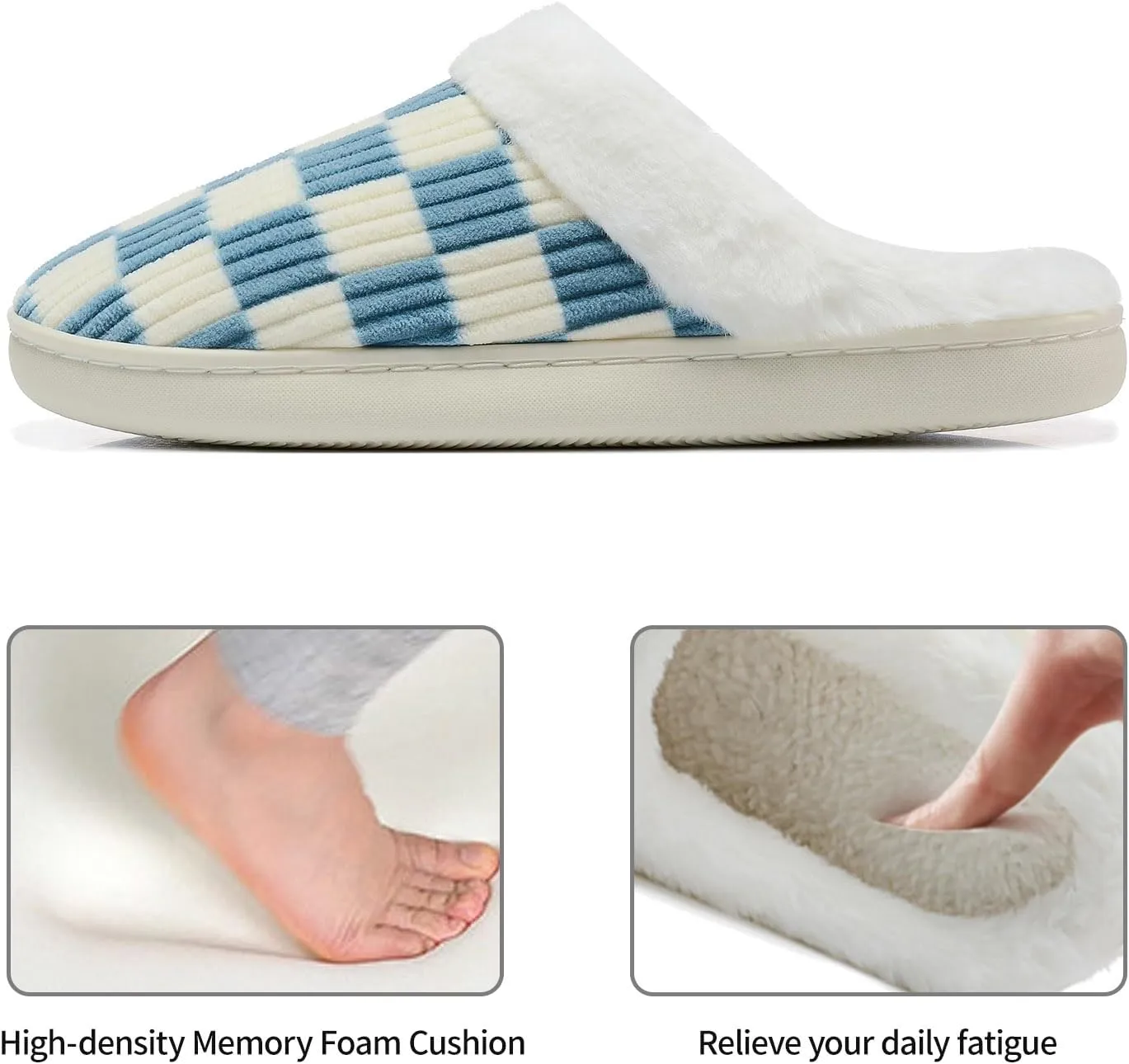 Women House Fuzzy Slippers - Plaid Scuff Checkered Slip-on Memory Foam Indoor Outdoor Comfortable Soft Slides