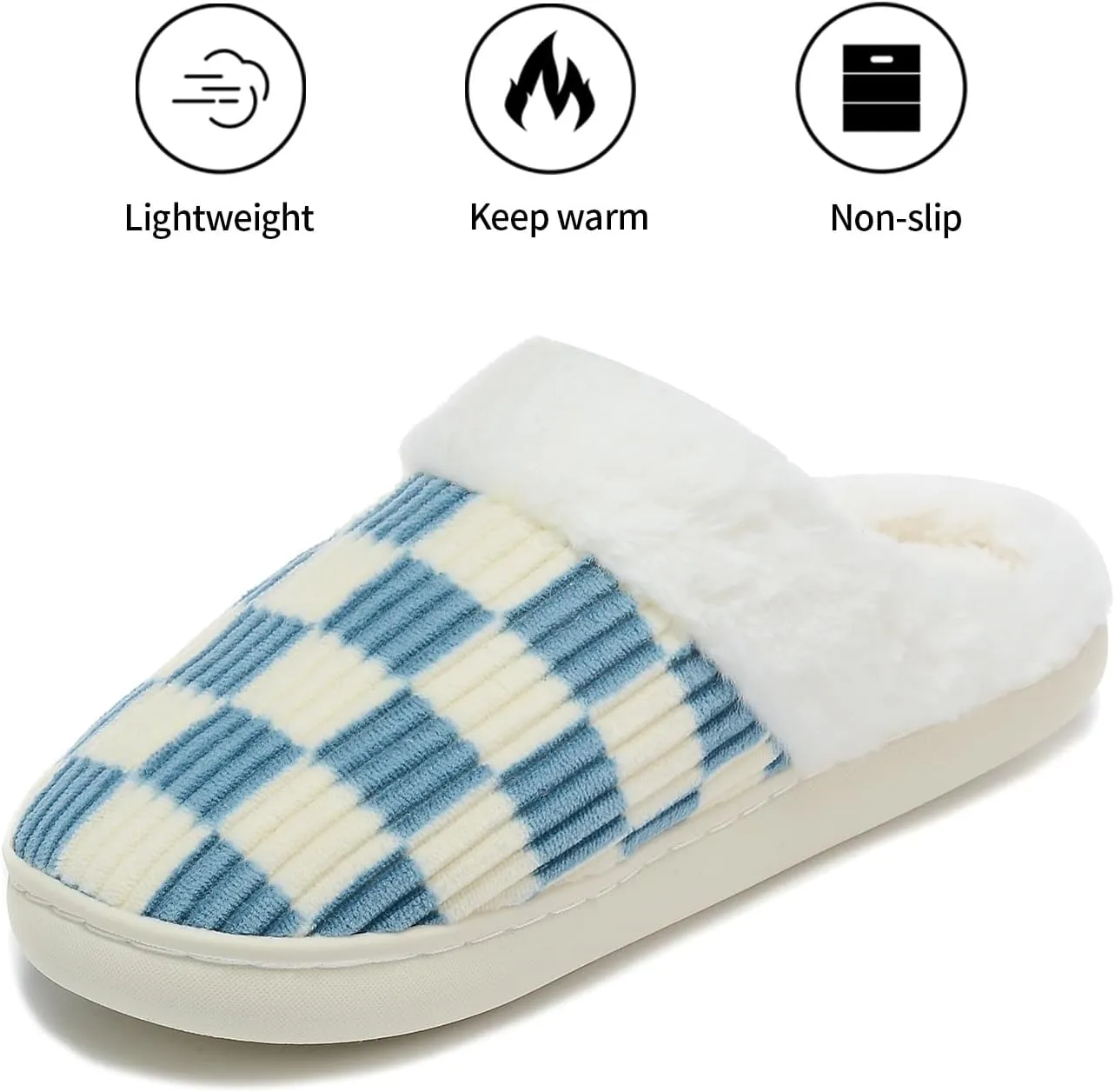 Women House Fuzzy Slippers - Plaid Scuff Checkered Slip-on Memory Foam Indoor Outdoor Comfortable Soft Slides