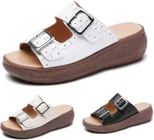 Womens Adjustable Double Buckle Ultra Cushion Sandals,Non-slip Leather Slip on Platform Comfortable Beach Cloud Slides