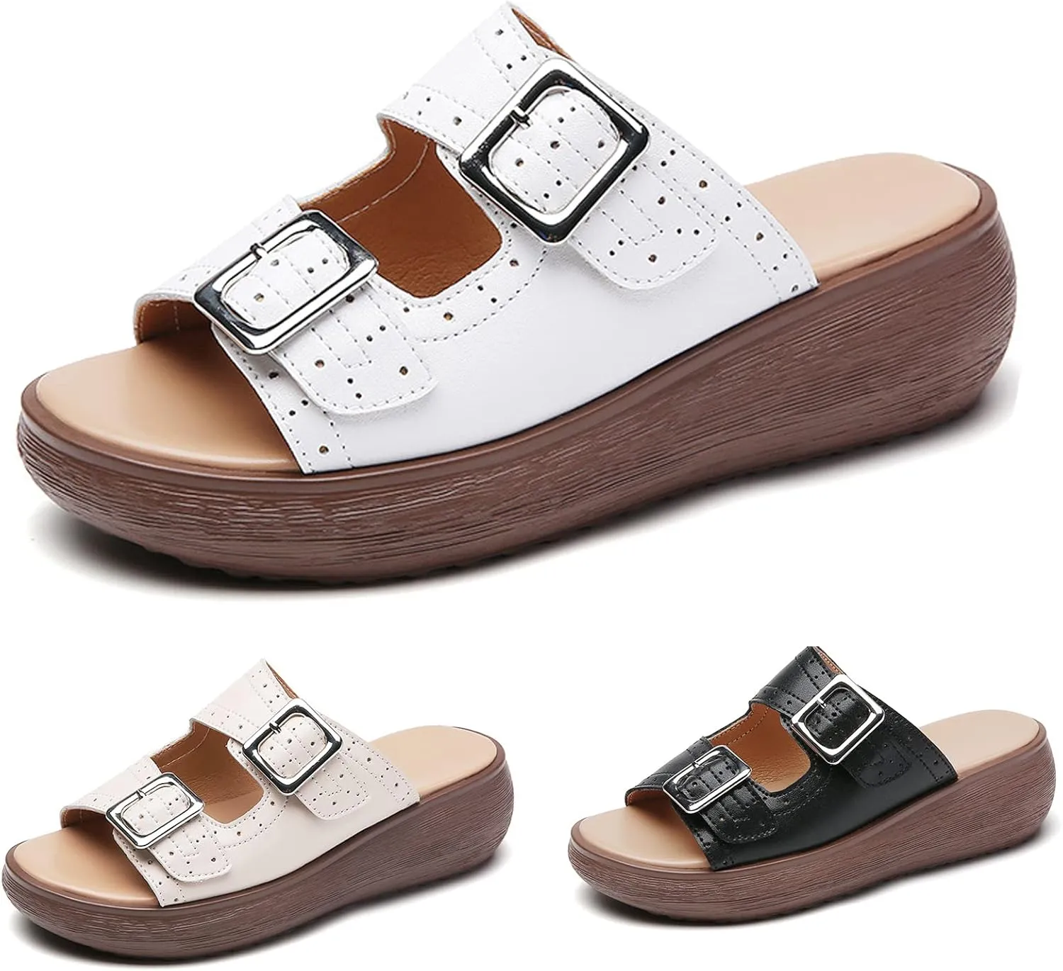 Womens Adjustable Double Buckle Ultra Cushion Sandals,Non-slip Leather Slip on Platform Comfortable Beach Cloud Slides