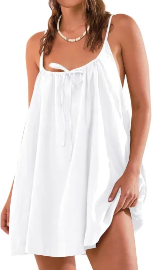 Womens Beach Cover Ups Swimwear Summer Casual Mini Dress Spaghetti Strap Backless Linen Sundresses with Pockets