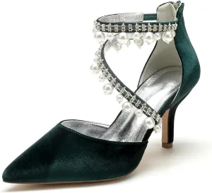 Womens Bridal Shoes Pointed Toe Wedding Shoes High Heel Beaded Pumps Heeled Ankle Buckle Court Sandals Evening Party Dress Stiletto,Dark Green,9