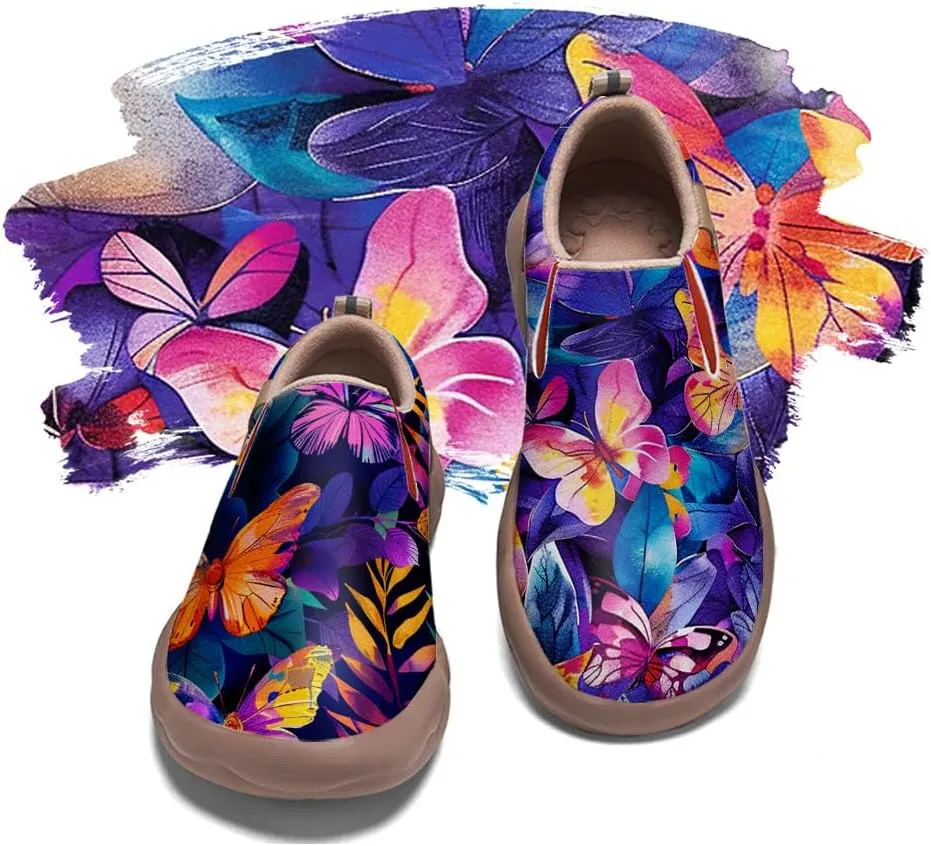 Women's Casual Loafers Microfiber Slip On Sneakers Art Painted Comfortable Soft Travel Shoes Colorful Butterfly