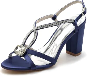 Women's Chunky Block Heel Crystal Wedding Shoes Open Toe Evening Prom Party Cross Strap Bridal Dress Slingback Pumps Sandal