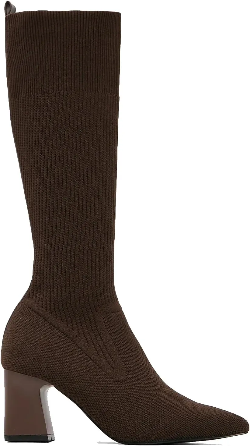 Women's Chunky Heel Boots, Knit Comfort High Boots, Minimalist Style, Rubber Sole