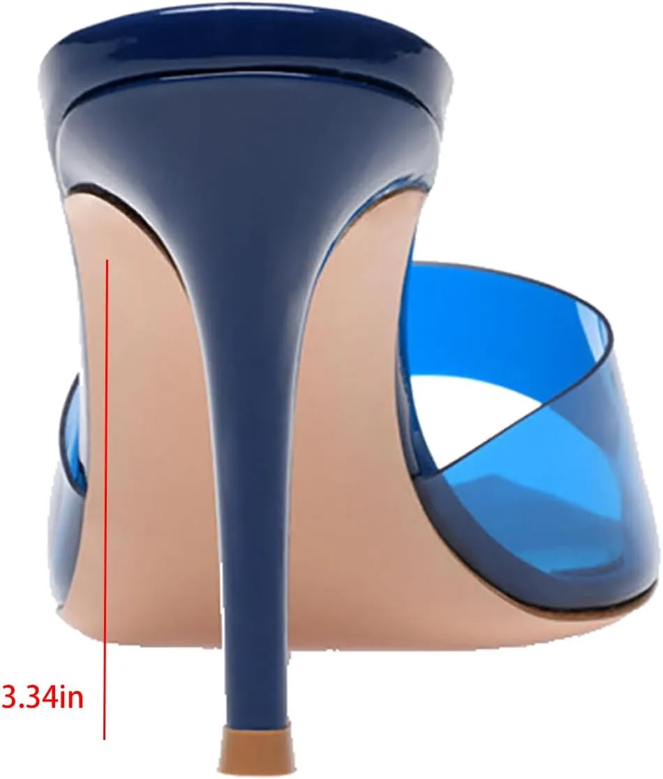 Women's Clear Pointed Open Toe Stiletto Heel Slide Sandals Fashion Sexy Slip On Transparent Strap High Heels Mules Summer Backless Party Wedding Prom Dress Shoes