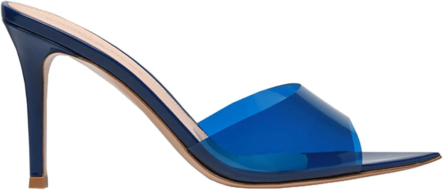Women's Clear Pointed Open Toe Stiletto Heel Slide Sandals Fashion Sexy Slip On Transparent Strap High Heels Mules Summer Backless Party Wedding Prom Dress Shoes