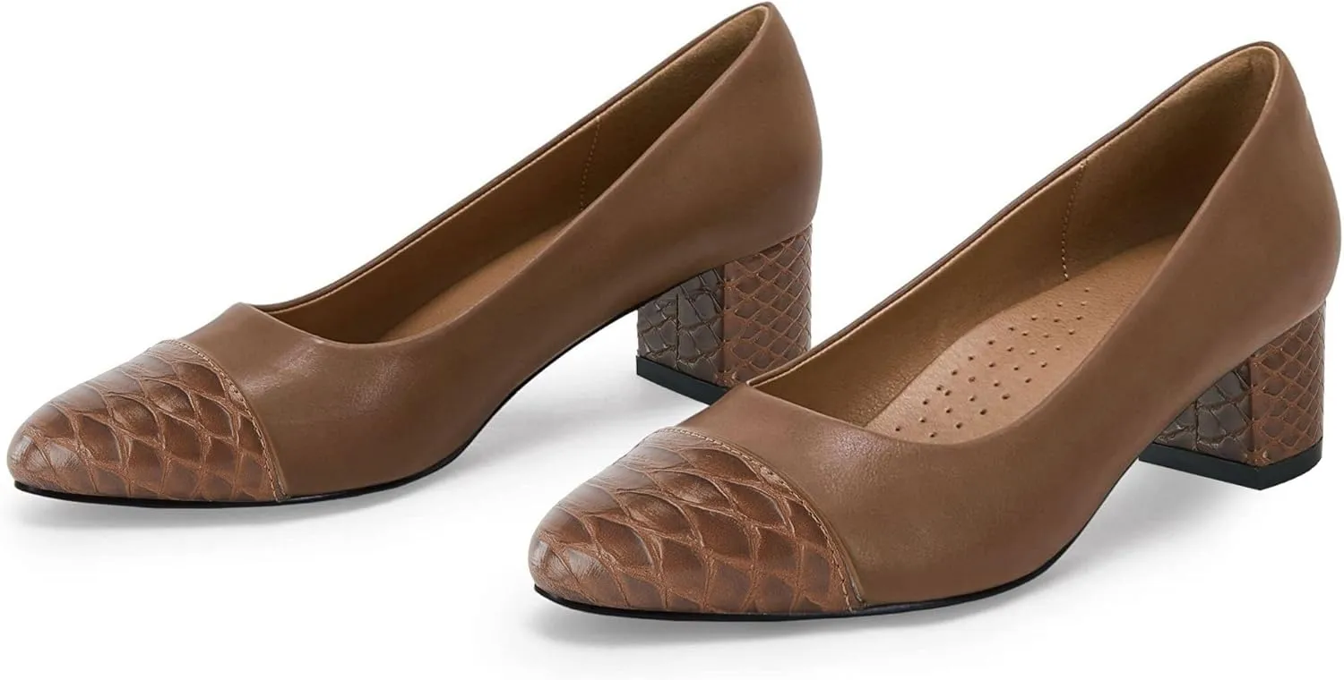 Women's Closed Toe Pumps Snakeskin Slip on Block Low Chunky Heel Business Party Office Dress Shoes