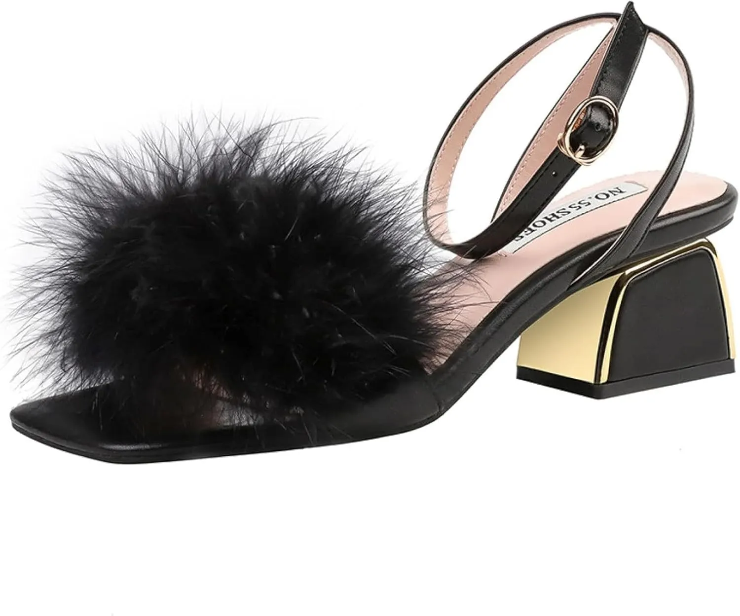 Women's Comfortable Open Toe Ankle Strap Thick Heel Casual Dress with Feather Decoration Formal Party Sandals