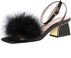 Women's Comfortable Open Toe Ankle Strap Thick Heel Casual Dress with Feather Decoration Formal Party Sandals