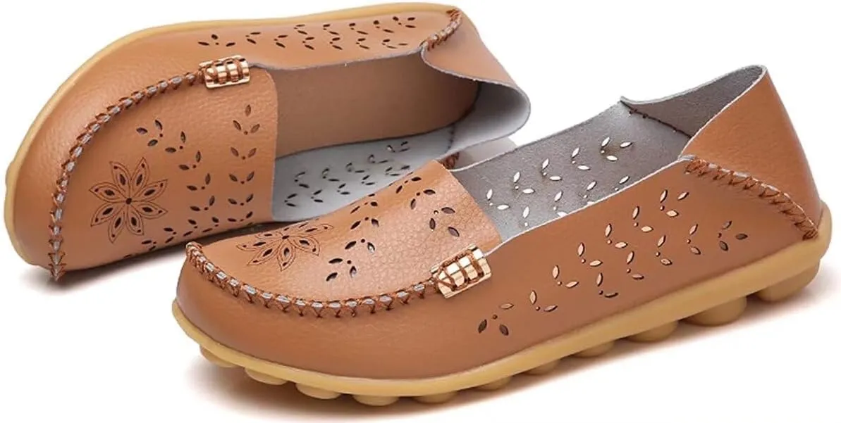 Womens Cowhide Casual Slipper Loafers Moccasin Driving Shoes Flat Slip-Ons