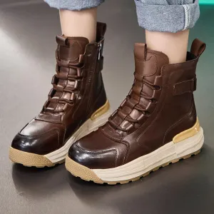 Women's Cowhide Leather Winter Mid Lace-Up Boot Waterproof Platform Anti-Slip Combat Boot Warm Fur Lined Boot Snow Ankle Booties with Padded Collar