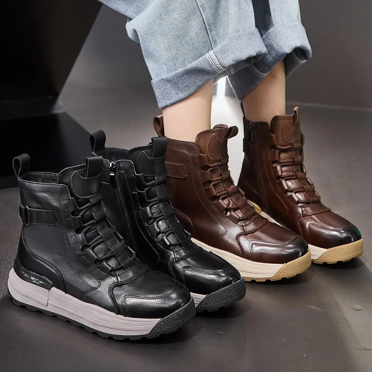 Women's Cowhide Leather Winter Mid Lace-Up Boot Waterproof Platform Anti-Slip Combat Boot Warm Fur Lined Boot Snow Ankle Booties with Padded Collar
