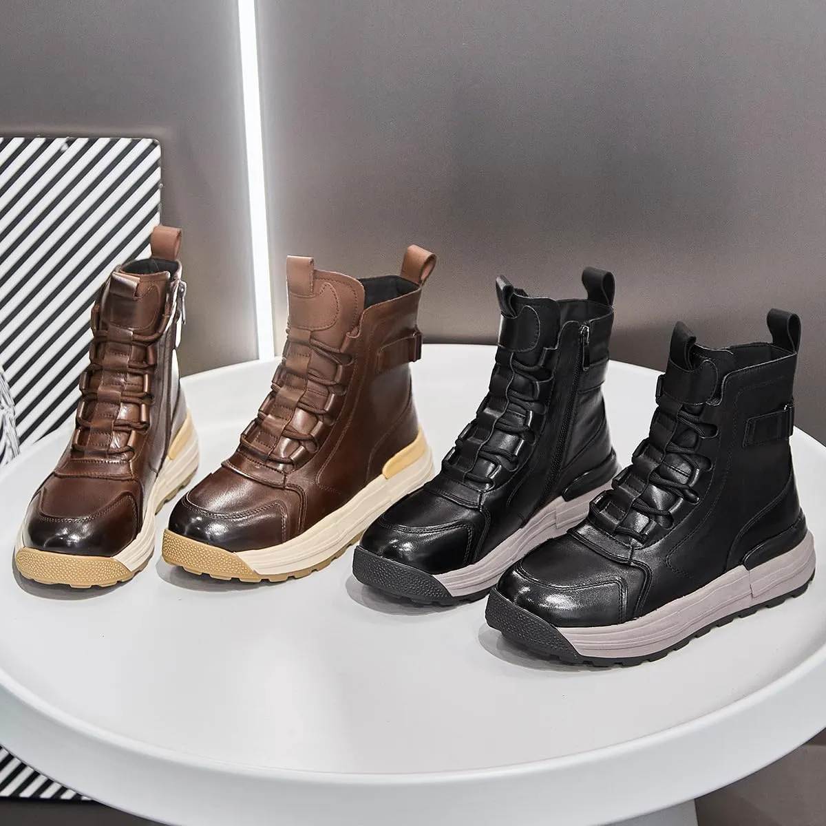 Women's Cowhide Leather Winter Mid Lace-Up Boot Waterproof Platform Anti-Slip Combat Boot Warm Fur Lined Boot Snow Ankle Booties with Padded Collar
