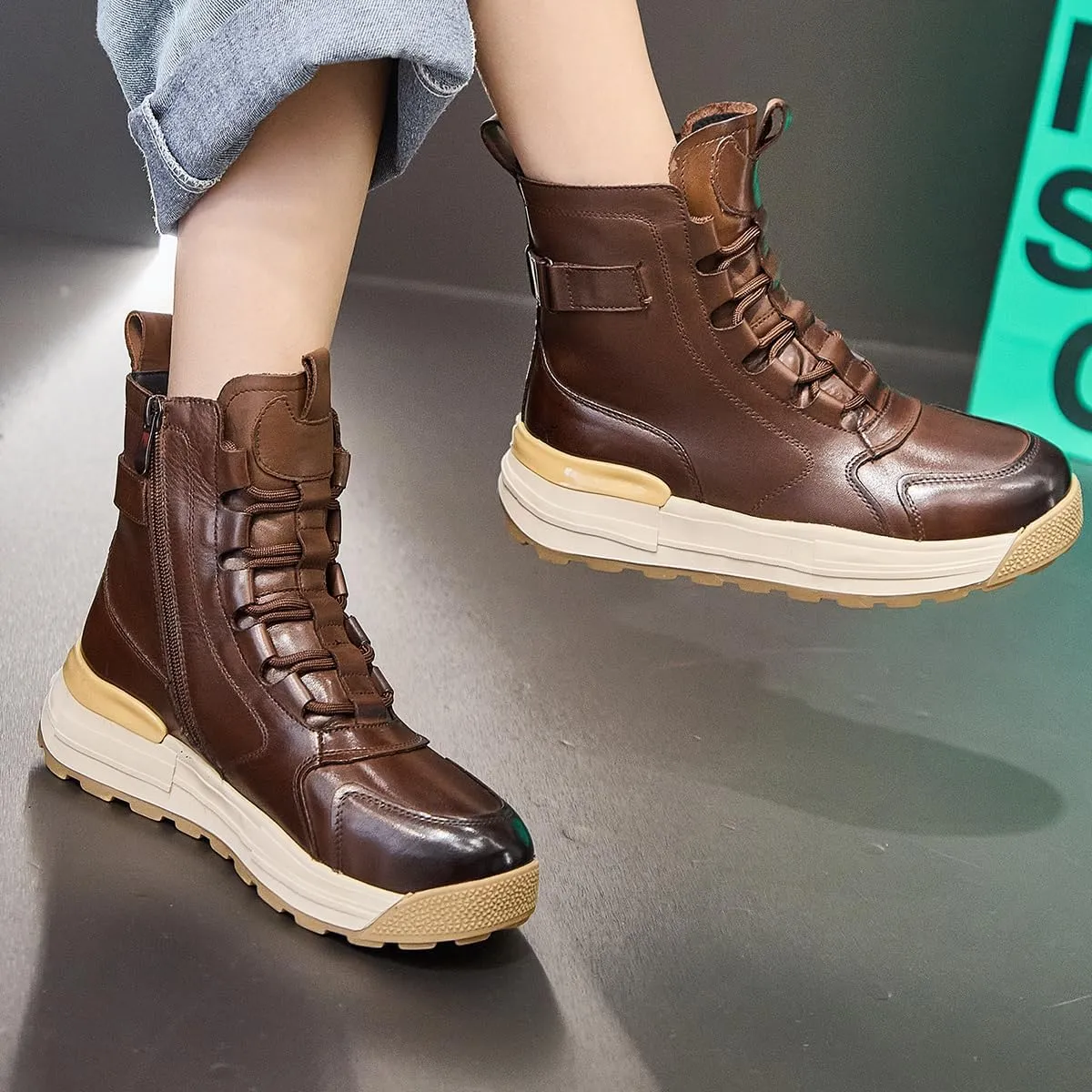 Women's Cowhide Leather Winter Mid Lace-Up Boot Waterproof Platform Anti-Slip Combat Boot Warm Fur Lined Boot Snow Ankle Booties with Padded Collar
