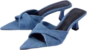 Women's Denim Kitten Heels Fashion Mules Sandals Sexy Crisscross Slingback Low Stiletto Slip-On Slides Sandals Open Pointed Toe Wedding Party Dress Pumps Slipper