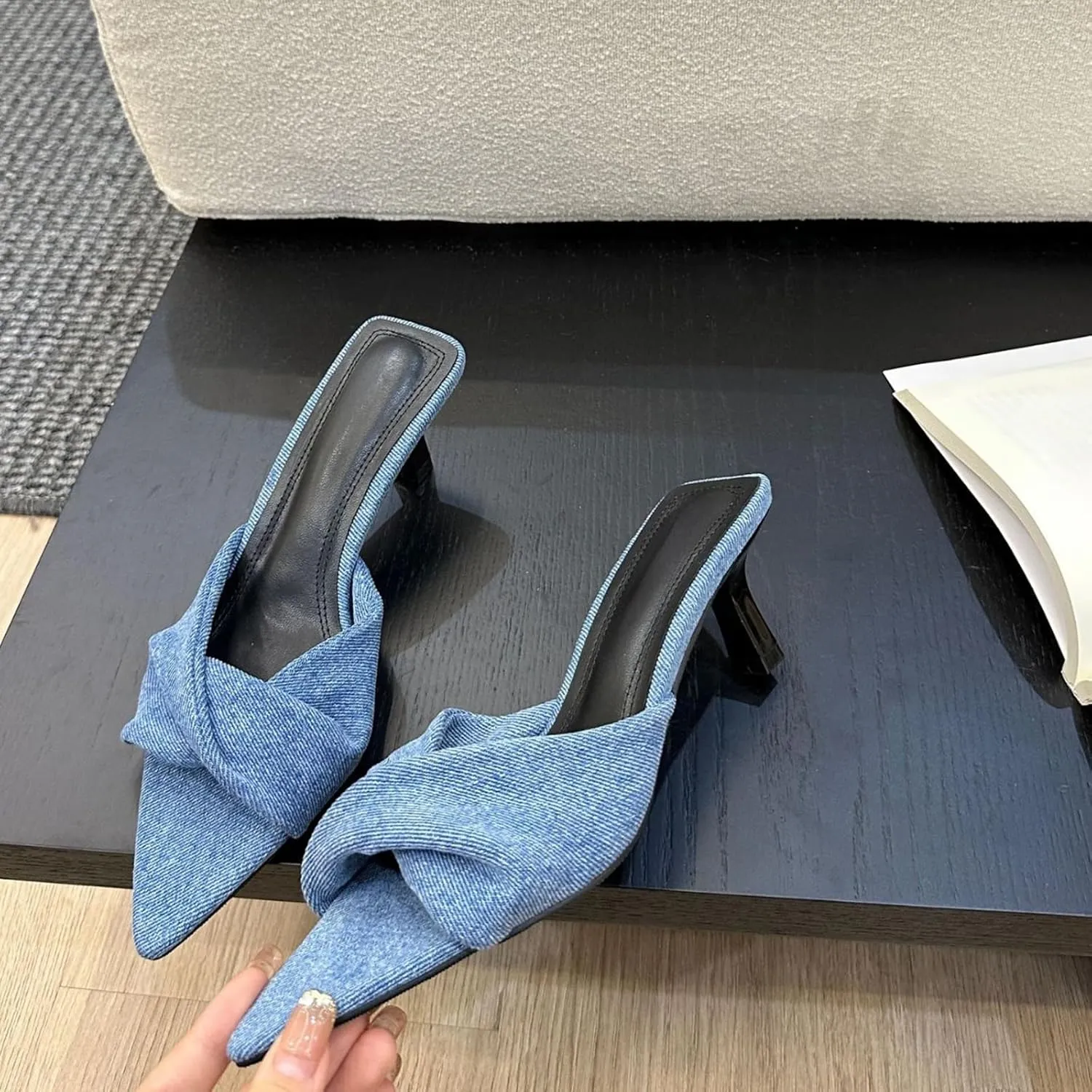 Women's Denim Kitten Heels Fashion Mules Sandals Sexy Crisscross Slingback Low Stiletto Slip-On Slides Sandals Open Pointed Toe Wedding Party Dress Pumps Slipper
