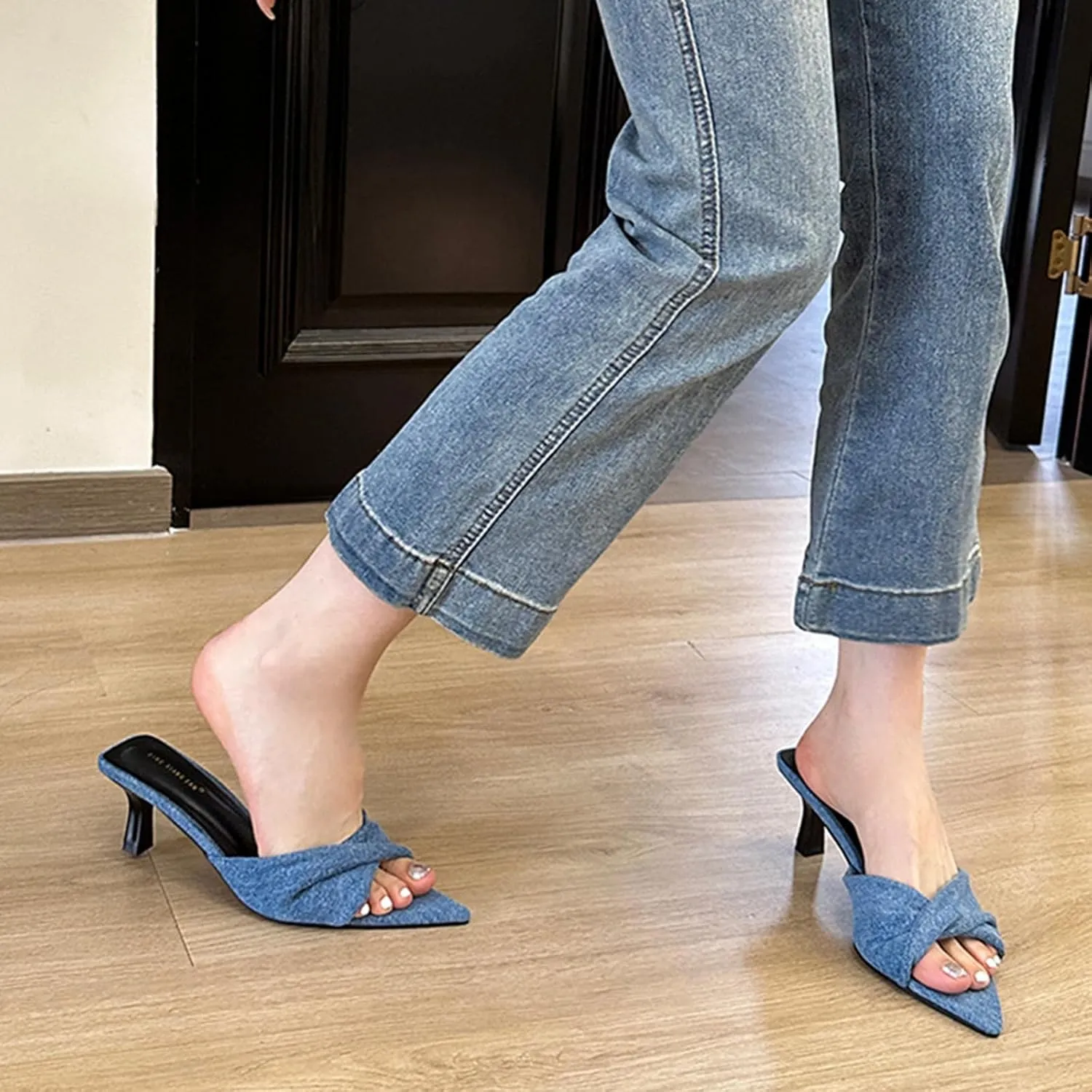 Women's Denim Kitten Heels Fashion Mules Sandals Sexy Crisscross Slingback Low Stiletto Slip-On Slides Sandals Open Pointed Toe Wedding Party Dress Pumps Slipper