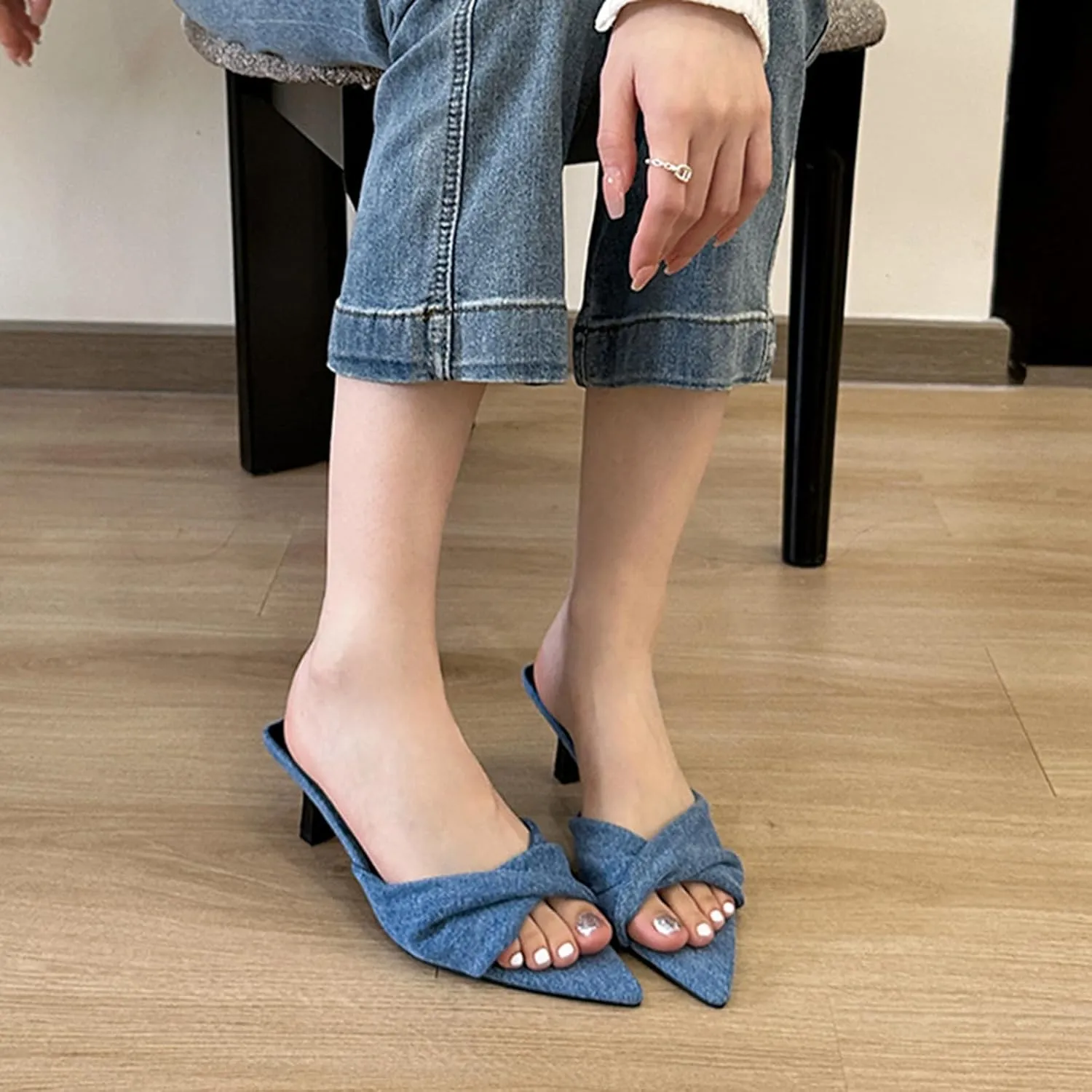 Women's Denim Kitten Heels Fashion Mules Sandals Sexy Crisscross Slingback Low Stiletto Slip-On Slides Sandals Open Pointed Toe Wedding Party Dress Pumps Slipper