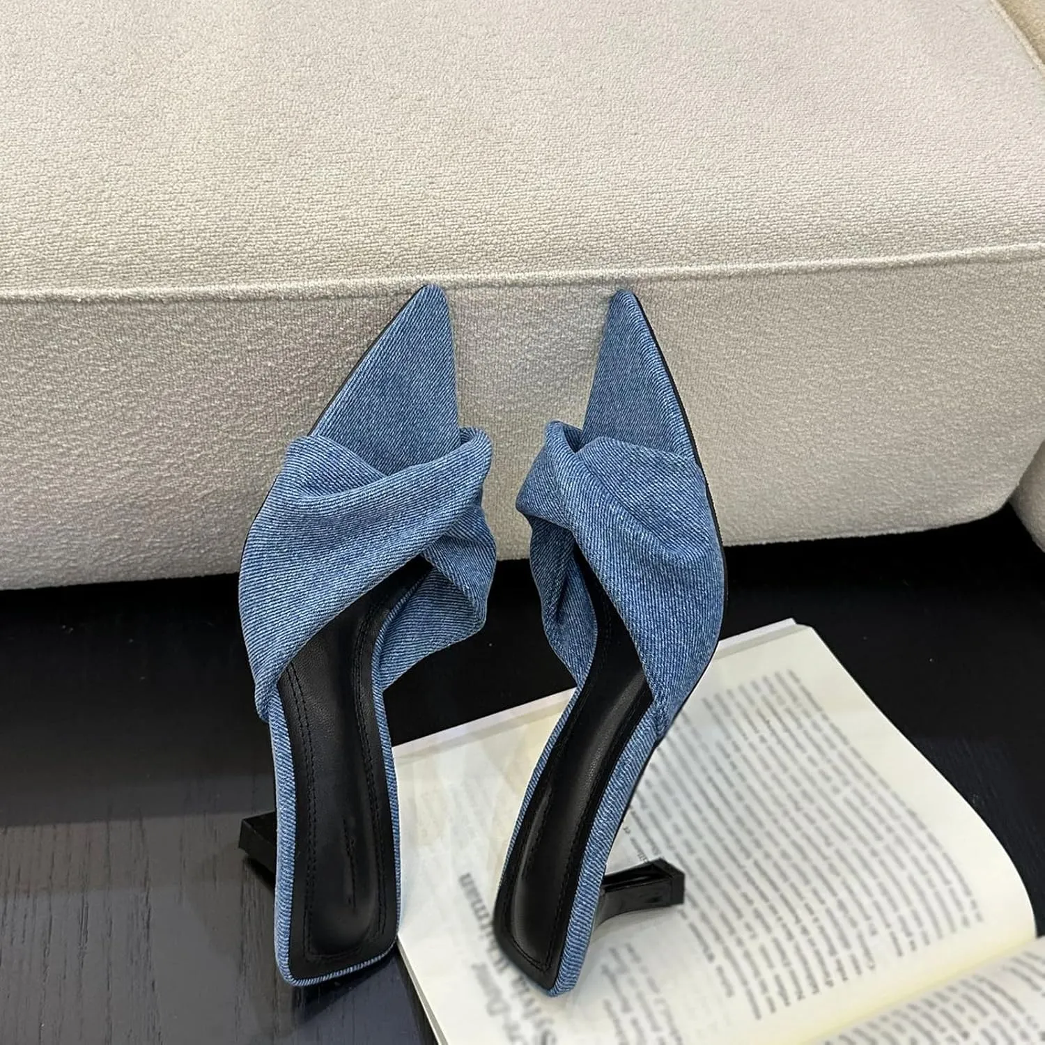 Women's Denim Kitten Heels Fashion Mules Sandals Sexy Crisscross Slingback Low Stiletto Slip-On Slides Sandals Open Pointed Toe Wedding Party Dress Pumps Slipper